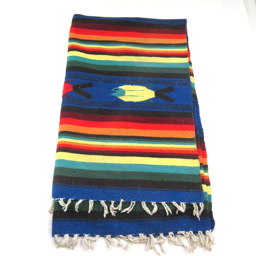 Southwest Fish Design Rug Throw Mexican WovenStyle Colorful Striped Fringe 80x49